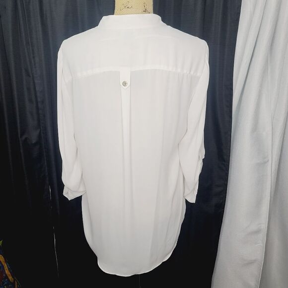 AGB White Semi Sheer Half Button Career Roll Sleeve Top Medium - Picture 3 of 10